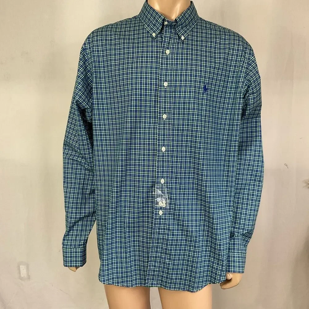 NEW Polo by Ralph Lauren Classic Fit Long Sleeve Blue Green Check Shirt XXL